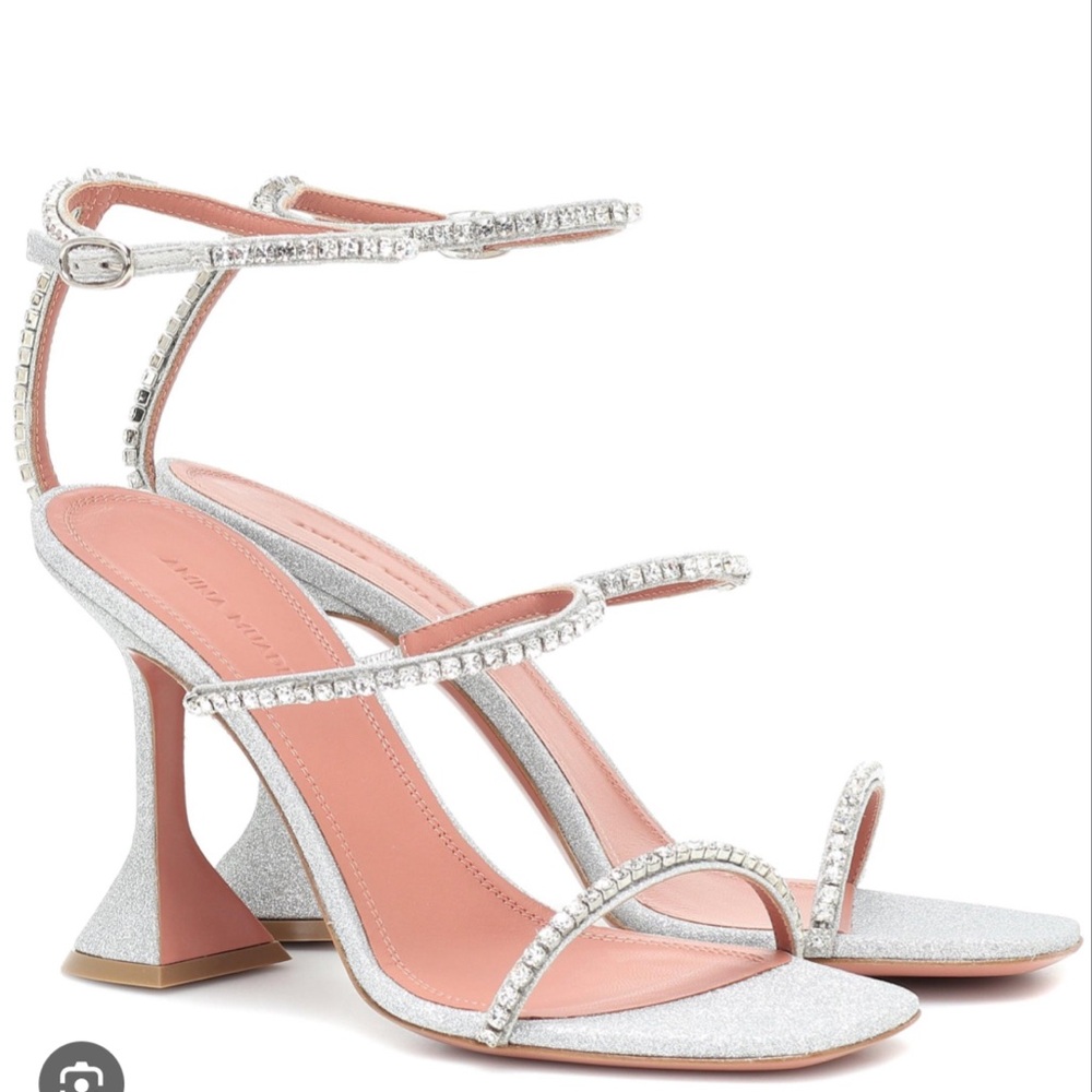 Amina Muaddi silver glitter and rhinestone heeled sandal 38
